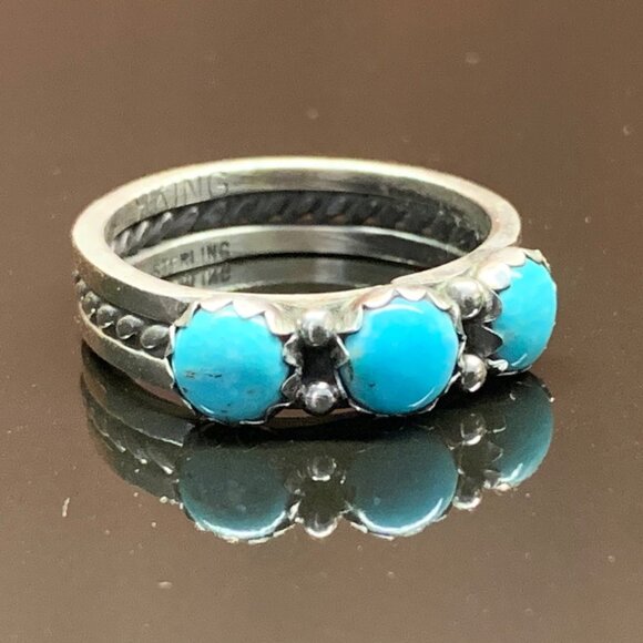 Three Stone Turquoise Navajo Sterling Silver 925 Unisex Ring R King Sz 9.25 J799 - Picture 2 of 7